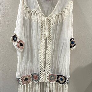 Oliver by Escio open-front kimono cardigan beach cover-up crochet trim fringe XL